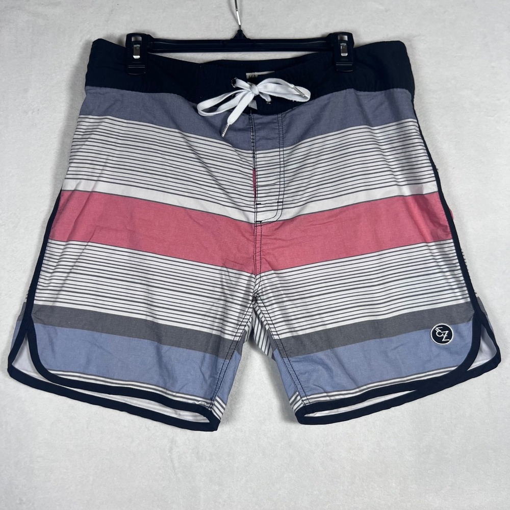 Ezekiel Mens Striped Board Shorts Blue Pink Grey Swim Trunks Size 36 Surf